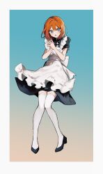 Rule 34 | 1girl, :o, apron, black dress, black footwear, blue background, border, brown background, dress, flats, floating, full body, gradient background, grey eyes, hair between eyes, highres, looking at viewer, lower teeth only, maid, maid apron, medium hair, mochiosamu ron, open mouth, orange hair, original, own hands together, parted lips, short sleeves, sidelocks, teeth, thighhighs, two-tone background, white apron, white border, white thighhighs, zettai ryouiki