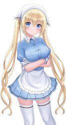 Rule 34 | 1girl, apron, blend s, blonde hair, blue eyes, blue shirt, blue skirt, breasts, closed mouth, collar, collared shirt, crossed arms, frilled apron, frills, gloves, hair between eyes, highres, hinata kaho, large breasts, long hair, looking at viewer, maid apron, seungju lee, shirt, short sleeves, sidelocks, simple background, skirt, solo, standing, thighhighs, twintails, white apron, white background, white collar, white gloves, white thighhighs, zettai ryouiki