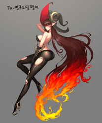 Rule 34 | 1girl, absurdly long hair, absurdres, ass, bad id, bad pixiv id, black gloves, breasts, brown hair, dekka, dungeon and fighter, earrings, fiery hair, fire, gloves, gradient background, grey eyes, hair between eyes, hat, high heels, highres, horns, jewelry, long hair, nipples, parted lips, pink lips, pointy ears, see-through, signature, single earring, solo, thong, torn clothes, torn legwear, very long hair, witch hat