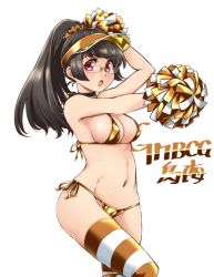 Rule 34 | 1girl, alternate hairstyle, bikini, black hair, blush, breasts, character name, cheering, cheerleader, choukai (kancolle), choukai kai ni (kancolle), cleavage, cowboy shot, glasses, gold bikini, groin, holding, holding pom poms, kantai collection, large breasts, long hair, navel, open mouth, pom pom (cheerleading), pom poms, ponytail, red eyes, rimless eyewear, simple background, solo, striped clothes, striped thighhighs, swimsuit, thighhighs, udukikosuke, white background