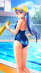 Rule 34 | 1girl, ass, baseball cap, blue hair, blue one-piece swimsuit, blue sky, closed mouth, cloud, competition school swimsuit, day, doukyuusei another world, floating hair, from behind, game cg, hat, holding, kakyuusei 2, long hair, looking at viewer, looking back, official art, one-piece swimsuit, outdoors, ponytail, poolside, red eyes, school swimsuit, shoulder blades, sky, smile, solo, standing, swimsuit, takatoo nanase, very long hair, whistle, yellow hat
