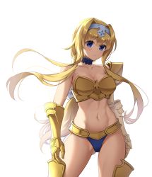 Rule 34 | 1girl, abs, adapted costume, alice zuberg, armor, arms at sides, bare legs, bare shoulders, bikini armor, blonde hair, blue choker, blue eyes, blue panties, boobplate, bow, braid, breastplate, breasts, choker, cleavage, closed mouth, collarbone, diadem, expressionless, female focus, gauntlets, gold armor, hair between eyes, hair intakes, hairband, highres, holiday (pangjelly), large breasts, legs, long hair, looking at viewer, midriff, navel, panties, revealing clothes, simple background, solo, standing, stomach, sword art online, sword art online: alicization, toned, underwear, very long hair, white background, white bow, wind, wind lift