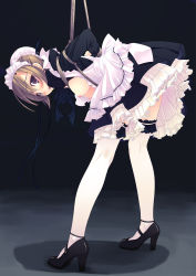 Rule 34 | 1girl, apron, bdsm, bent over, blush, bondage, bound, breasts, brown hair, f-ism, frilled thighhighs, frills, full body, gathers, hair bun, high heels, highres, kneepits, looking at viewer, maid, maid apron, maid headdress, murakami suigun, nipples, original, purple eyes, restrained, ribbon, shoes, single hair bun, skirt, solo, standing, thighhighs, white thighhighs