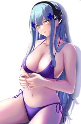 Rule 34 | 1girl, 3 small spiders, :o, absurdres, bare shoulders, bikini, black hairband, black ribbon, blue hair, blush, breasts, cleavage, collarbone, commentary, feet out of frame, girls&#039; frontline, green eyes, hair ornament, hair ribbon, hairband, hairclip, hand on hand, highres, hk416 (girls&#039; frontline), long hair, looking at viewer, medium breasts, navel, open mouth, purple bikini, ribbon, shadow, sitting, solo, swimsuit, teardrop facial mark, teardrop tattoo, white background