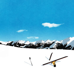 Rule 34 | 1other, accident, blue sky, building, cloud, day, highres, iida kento, mountain, no humans, original, outdoors, scenery, ski pole, skiing, skis, sky, snow