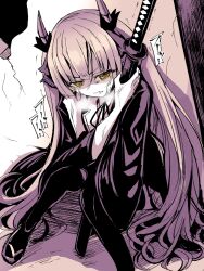 Rule 34 | 1girl, black thighhighs, broken wall, crying, crying with eyes open, curled up, glaring, grey hair, greyscale, heaven burns red, highres, horns, katana, kenpi (hs-totyu), long hair, monochrome, ogasawara hisame, ribbon, ruins, scowl, sitting, solo, streaming tears, sword, tears, thighhighs, twintails, weapon, white hair, yellow eyes