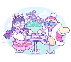 Rule 34 | 1boy, 5girls, bandana waddle dee, black hair, blush, braid, bush, chair, commentary, crown, cup, eavesdropping, english commentary, fairy, fairy wings, food, hat, kcdoos, king dedede, kirby (series), kirby 64, long hair, multiple girls, nintendo, open mouth, pastry, plate, ribbon (kirby), ripple star queen, robe, sitting, smile, sweatdrop, table, tea, tea party, twin braids, waddle dee, wings