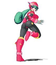 1girl absurdres armored_boots armored_gloves ass blue_eyes bodysuit boots green_hair highres kotatuman_dash long_hair marino_(mega_man) mega_man_x_(series) ninja sword weapon