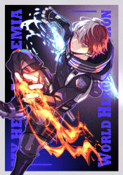 Rule 34 | 1boy, badge, belt, black jacket, black pants, blue eyes, boku no hero academia, boots, border, bright pupils, burn scar, chromatic aberration, closed mouth, container, copyright name, cowlick, cryokinesis, dutch angle, film grain, fingerless gloves, fire, foot out of frame, gloves, glowing, glowing hand, gradient background, grey border, grey eyes, hair between eyes, heterochromia, high collar, ice, jacket, knee boots, knee up, looking at viewer, looking to the side, male focus, midair, multicolored hair, official alternate costume, outside border, outstretched arms, outstretched leg, pants, pouch, purple outline, pyrokinesis, red hair, scar, scar on face, short hair, sideways glance, solo, split-color hair, tannoci, text background, thigh pouch, thigh strap, todoroki shouto, tube, two-tone hair, utility belt, white hair, white pupils