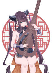 Rule 34 | 1girl, bare shoulders, black dress, blue eyes, blunt bangs, blush, breasts, china dress, chinese clothes, detached sleeves, dress, fate/grand order, fate (series), floral print, hair ornament, highres, instrument, leaf hair ornament, long hair, looking at viewer, medium breasts, motsushi, music, parted lips, pipa (instrument), playing instrument, sitting, solo, thighs, twintails, very long hair, white background, yang guifei (fate), yang guifei (second ascension) (fate)