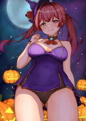 Rule 34 | 1girl, 32mtnext, absurdres, bare shoulders, breasts, cleavage, dress, halloween, hat, heterochromia, highres, hololive, houshou marine, medium breasts, red eyes, red hair, smile, solo, twintails, virtual youtuber, yellow eyes