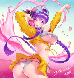 Rule 34 | 1girl, ;d, arm up, ass, bandeau, bb (fate), bb (fate) (all), bb (swimsuit mooncancer) (fate), bb (swimsuit mooncancer) (first ascension) (fate), bikini, blush, bottle, breasts, butt crack, covered erect nipples, fate/grand order, fate (series), front-tie top, highres, juice, large breasts, long hair, looking at viewer, mhk (mechamania), miniskirt, navel, ocean, one eye closed, open mouth, pepsi, purple eyes, purple hair, shirt, skindentation, skirt, smile, solo, sweat, swimsuit, underboob, very long hair, water drop, wavy mouth, white bikini, yellow shirt, yellow skirt