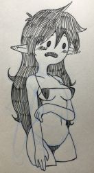 Rule 34 | 1girl, adventure time, belly, bikini, black eyes, black hair, breasts, eyebrows, long hair, marceline abadeer, open mouth, pointy ears, simple background, sketch, solo, stomach, swimsuit