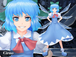 Rule 34 | 1girl, blue eyes, blue hair, bow, character name, cirno, dress, grin, hair bow, matching hair/eyes, nazal, short hair, smile, solo, touhou, wings, zoom layer