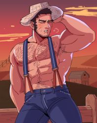 Rule 34 | 1boy, abs, alternate universe, arm behind head, bara, black hair, blue pants, blush, chest hair, closed eyes, facial scar, foazycozy, golden kamuy, hat, highres, large pectorals, male focus, manly, muscular, muscular male, navel, navel hair, nipples, outdoors, pants, pectorals, scar, scar on cheek, scar on face, short hair, sideburns, solo, sunset, suspenders, tanigaki genjirou, topless male