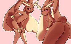 Rule 34 | 1girl, animal ears, aoinu111, ass, bent over, black eyes, blush, breasts, censored, colored sclera, creatures (company), flat chest, from behind, furry, game freak, gen 4 pokemon, hand on own hip, highres, knees together feet apart, looking at viewer, looking back, lopunny, multiple views, navel, nintendo, nipples, open mouth, pink background, pokemon, pokemon (creature), pokemon dppt, pussy, rabbit ears, rabbit tail, red sclera, simple background, smile, standing, tail