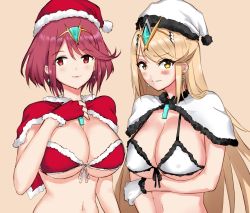 Rule 34 | 2girls, angry, blonde hair, blush, breasts, cape, christmas, christmas tree, cleavage, fingerless gloves, gloves, highres, large breasts, long hair, looking at viewer, multiple girls, mythra (xenoblade), negresco, nintendo, pyra (xenoblade), red hair, short hair, smile, xenoblade chronicles (series), xenoblade chronicles 2, xenoblade chronicles (series), xenoblade chronicles 2, yellow eyes