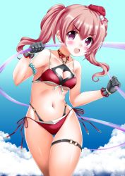 Rule 34 | 1girl, beret, bikini, black gloves, blue sky, cleavage cutout, clothing cutout, cloud, commentary request, day, gloves, hat, highleg, highleg bikini, highleg swimsuit, highres, kaze makase, layered bikini, looking at viewer, multi-strapped bikini bottom, pink hair, princess connect!, purple eyes, red bikini, red hat, ribbon, sky, smile, solo, swimsuit, thigh strap, tsumugi (princess connect!), twintails