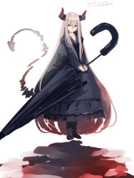 Rule 34 | 1girl, absurdly long hair, black dress, black footwear, black umbrella, boots, closed mouth, dated, demon horns, demon tail, dress, full body, hair between eyes, holding, holding umbrella, horns, long hair, long sleeves, original, oversized object, red eyes, silver hair, sketch, smile, solo, standing, tail, umbrella, very long hair, white background, yuuji (yukimimi)