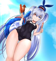 Rule 34 | 1girl, blue eyes, blue one-piece swimsuit, breasts, brown dust, brown dust 2, closed mouth, covered navel, elf, eyebrows hidden by hair, feet out of frame, food, fried squid, from below, gluteal fold, grey hair, hair between eyes, hair tie, heterochromia, highres, holding, holding skewer, holding swim ring, ice cream, innertube, lens flare, light blush, long hair, looking down, one-piece swimsuit, pointy ears, red eyes, refithea (brown dust), school swimsuit, skewer, small breasts, solo, star-shaped pupils, star (symbol), swim ring, swimsuit, symbol-shaped pupils, thick thighs, thighs, twing glutti, twintails, user tytw7338, very long hair, wavy mouth, wet, wet clothes