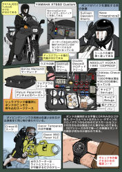 Rule 34 | 007, 1boy, bottle, bow, bowtie, business suit, cup, diver propulsion vehicle, drinking glass, english text, flippers, food, fork, formal, goggles, helmet, james bond, james bond (series), japanese text, motor vehicle, motorcycle, muta koji, never say never again, ocean, plate, scuba gear, scuba tank, story time (muta koji), suit, suitcase, swimming, translation request, underwater, watch, watercraft, wine glass