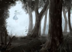 Rule 34 | 1girl, bare tree, blue dress, cloud, cloudy sky, daiyousei, dress, fairy, fairy wings, floating, fog, forest, full body, green hair, grey sky, highres, landscape, long hair, nature, outdoors, puffy sleeves, ribbon, sakishima (sakisima 00), scenery, sky, solo, touhou, tree, wide shot, wings, yellow ribbon