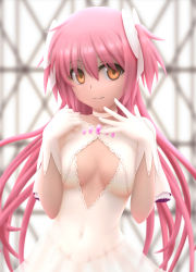 Rule 34 | 10s, 1girl, 3d, bow, breasts, center opening, cleavage, collar, covered navel, dress, gloves, hair bow, highres, kaname madoka, long hair, magical girl, mahou shoujo madoka magica, mahou shoujo madoka magica (anime), no bra, pink hair, siraha, small breasts, solo, spoilers, two side up, ultimate madoka, very long hair, white dress, white gloves, yellow eyes