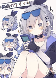 Rule 34 | + +, 1girl, beni shake, black jacket, black shorts, blush, chibi, closed mouth, collarbone, commentary request, cropped jacket, goggles, goggles on head, grey background, grey eyes, grey hair, hair between eyes, hair ornament, hairclip, highres, holding, honkai: star rail, honkai (series), jacket, knees up, long hair, looking at viewer, multiple views, nose blush, open mouth, ponytail, puffy short sleeves, puffy sleeves, short shorts, short sleeves, shorts, signature, silver wolf (honkai: star rail), simple background, sitting, tears, translation request