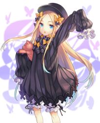 Rule 34 | 1girl, :o, abigail williams (fate), arm up, black bow, black dress, black hat, blonde hair, bloomers, blue eyes, blue hair, bow, bug, butterfly, dress, fate/grand order, fate (series), forehead, gradient hair, hair bow, hat, highres, hugging object, insect, long hair, long sleeves, looking at viewer, mokyu, multicolored hair, orange bow, parted bangs, parted lips, polka dot, polka dot bow, sleeves past wrists, solo, stuffed animal, stuffed toy, teddy bear, underwear, very long hair, white bloomers