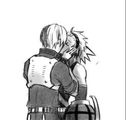 Rule 34 | 2boys, armor, bakugou katsuki, belt, boku no hero academia, breastplate, couple, explosive, closed eyes, gauntlets, grenade, hands on another&#039;s face, headband, kiss, male focus, moltiemoltie, monochrome, multicolored hair, multiple boys, pants, shirt, short hair, sketch, spiked hair, standing, todoroki shouto, two-tone hair, white background, yaoi