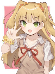 Rule 34 | + +, 1girl, :d, blonde hair, collarbone, commentary, fangs, green eyes, hair ornament, hair scrunchie, highres, idolmaster, idolmaster cinderella girls, jougasaki rika, long hair, looking at viewer, neck ribbon, open mouth, red ribbon, ribbon, scrunchie, shirt, shone, short sleeves, simple background, smile, solo, two side up, upper body, vest, w, white shirt