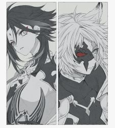Rule 34 | 2boys, animal ears, armor, bead necklace, beads, closed mouth, erune, eyeshadow, facial mark, forehead mark, genshin impact, granblue fantasy, greyscale, half mask, holding, holding mask, jewelry, makeup, male focus, mask, monochrome, multiple boys, necklace, parted lips, red eyeshadow, seox (granblue fantasy), simple background, skk, spot color, upper body, xiao (genshin impact)