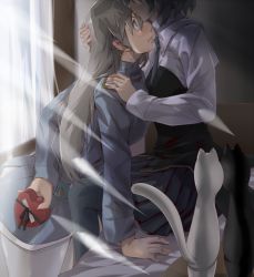 Rule 34 | 2girls, arm behind back, arm support, bed, black skirt, blonde hair, blush, box, cat, curtains, eila ilmatar juutilainen, female focus, figure, kissing forehead, grey hair, head out of frame, heart, heart-shaped box, hiropon pj, hug, indoors, kiss, kissing forehead, leaning, leaning forward, long sleeves, looking at another, looking up, miniskirt, multiple girls, necktie, pantyhose, pleated skirt, sanya v. litvyak, sitting, skirt, standing, strike witches, sunlight, uniform, valentine, window, world witches series, yuri