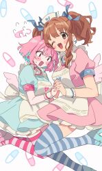 Rule 34 | 2girls, absurdres, angel wings, apron, armband, blue dress, blue footwear, blush stickers, breasts, brown hair, commentary, cosplay, dress, earrings, fake wings, fang, frilled apron, frills, from side, hair ribbon, hat, heart, heart print, high heels, highres, holding hands, idolmaster, idolmaster cinderella girls, idolmaster cinderella girls starlight stage, jewelry, large breasts, looking at viewer, looking down, moroboshi kirari, multicolored hair, multiple girls, nurse cap, official alternate costume, one eye closed, open mouth, petticoat, pill background, pill earrings, pink dress, pink footwear, polka dot, polka dot background, puffy short sleeves, puffy sleeves, ribbon, short sleeves, skin fang, sparkle print, sukoyaka (100hituzi), thighhighs, two-tone hair, v-shaped eyebrows, white apron, wide-eyed, wings, wrist cuffs, yumemi riamu, yumemi riamu (cosplay)
