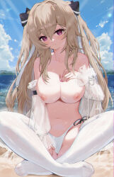 Rule 34 | 1girl, absurdres, anchorage (azur lane), anchorage (dolphins and swim lessons) (azur lane), azur lane, bare shoulders, beach, bikini, blue sky, breasts, brown hair, closed mouth, cloud, collarbone, crossed legs, feet, hair between eyes, hair ribbon, hand on own chest, highres, large breasts, legs, light blush, light brown hair, long hair, looking at viewer, lost-phews, navel, nipples, no shoes, ocean, official alternate costume, outdoors, pink nails, purple eyes, ribbon, see-through, see-through legwear, side-tie bikini bottom, sitting, sky, solo, stomach, swimsuit, thighhighs, toenails, toes, topless, twintails, water, white bikini, white thighhighs