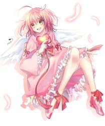 Rule 34 | 1girl, amulet angel, angel wings, dress, feathered wings, feathers, full body, half updo, heart, high heels, highres, hinamori amu, long sleeves, open mouth, pink dress, pink footwear, shugo chara!, signature, smile, solo, teeth, twintails, white background, wing hair ornament, wings, yeneuk