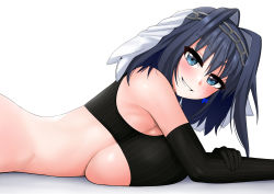 Rule 34 | 1girl, armpits, black gloves, blue eyes, blue hair, blush, bottomless, bow, bow earrings, breast press, breasts, chain, chain headband, earrings, gloves, hair intakes, head chain, highres, hololive, hololive english, jewelry, large breasts, looking at viewer, lying, on stomach, ouro kronii, short hair, smile, solo, the only shoe, underboob, virtual youtuber, white background
