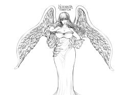Rule 34 | 10s, 1girl, angel wings, bare shoulders, breasts, character name, cleavage, closed mouth, commentary, detached sleeves, dress, greyscale, hand on own hip, highres, hip focus, large breasts, long dress, long hair, looking at viewer, monochrome, nanatsu no taizai, nerobasta, simple background, smile, solo, standing, the golden smurf, white background, wings