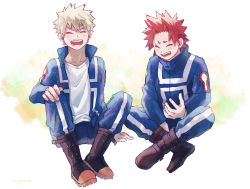 Rule 34 | 2boys, adcalcium, bakugou katsuki, black footwear, blonde hair, blue jacket, blue pants, blush, boku no hero academia, boots, collarbone, commentary request, closed eyes, full body, gym uniform, hand on own knee, highres, indian style, jacket, kirishima eijirou, long hair, long sleeves, male focus, multiple boys, open clothes, open jacket, open mouth, pants, red hair, shirt, short hair, signature, simple background, sitting, spiked hair, u.a. gym uniform, white background, white shirt