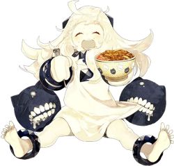 Rule 34 | 10s, 1girl, ^ ^, abyssal ship, akira (kadokawa), barefoot, biting, bowl, chopsticks, closed eyes, colored skin, dress, drooling, enemy aircraft (kancolle), feet, food, full body, gyuudon, happy, horns, kantai collection, lowres, mittens, northern ocean princess, official art, open mouth, round teeth, sitting, smile, soles, solo, spread legs, sukiya, teeth, toes, transparent background, white dress, white hair, white skin