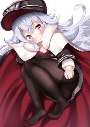 Rule 34 | 1girl, :t, ass, azur lane, black hat, black jacket, black pantyhose, blush, cape, child, closed mouth, commentary request, full body, fur-trimmed cape, fur trim, graf zeppelin (azur lane), grey skirt, hair between eyes, hat, highres, jacket, long hair, long sleeves, looking at viewer, lying, military hat, mochiyuki, multicolored cape, multicolored clothes, no shoes, on side, panties, panties under pantyhose, pantyhose, peaked cap, pink eyes, pleated skirt, pout, red cape, silver hair, simple background, skirt, solo, tears, underwear, very long hair, white background, white cape, zeppy (azur lane)
