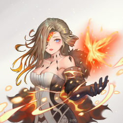 Rule 34 | 1girl, absurdres, arepko, bare shoulders, black mask, blonde hair, blue eyes, breasts, cleavage, crying, crying with eyes open, dress, elbow gloves, eye mask, fire, fire, genshin impact, gloves, hair over one eye, half mask, highres, large breasts, long hair, mask, mask over one eye, one eye covered, signora (genshin impact), strapless, strapless dress, tearing up, tears, white background