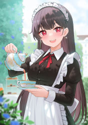 Rule 34 | 1girl, absurdres, apron, black dress, blurry, blush, breasts, cup, depth of field, dress, earrings, fukuro daizi, highres, jewelry, large breasts, long hair, long sleeves, looking at viewer, maid headdress, original, outdoors, parted lips, pouring, red eyes, smile, solo, teacup, teapot, white apron, white headwear