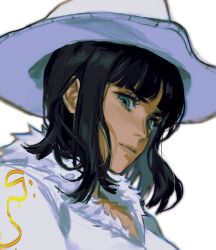 Rule 34 | 1girl, black hair, blue eyes, closed mouth, from side, hat, highres, jacket, keibleh, looking at viewer, looking down, looking to the side, nico robin, one piece, portrait, simple background, solo, white background, white hat, white jacket
