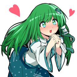 Rule 34 | + +, 1girl, :d, aqua eyes, bare shoulders, bent over, blush, collared shirt, cowboy shot, detached sleeves, frog hair ornament, from side, green hair, hair ornament, hair tubes, heart, highres, homco, interlocked fingers, kochiya sanae, long hair, looking at viewer, looking to the side, midriff peek, necktie, nose blush, open mouth, own hands clasped, own hands together, polka dot, raised eyebrows, shirt, simple background, skirt, skirt set, smile, snake hair ornament, solo, symbol-shaped pupils, touhou, very long hair, white background, wide sleeves