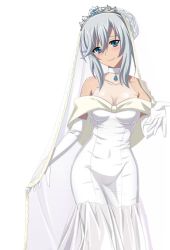 Rule 34 | 10s, 1girl, blue eyes, breasts, cleavage, collar, collarbone, covered navel, dress, elbow gloves, gloves, jewelry, la folia rihavein, long hair, necklace, see-through, silver hair, simple background, smile, solo, strike the blood, transparent background, wedding dress, white background, white dress, white gloves
