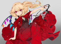 Rule 34 | 1girl, alternate costume, arm support, artist name, bare shoulders, black dress, blonde hair, breasts, cleavage, commentary request, crystal, dress, feet out of frame, flandre scarlet, gotou (nekocat), gradient background, grey background, knee up, long dress, long hair, looking at viewer, mask, masquerade mask, nail polish, outstretched arm, red dress, red eyes, red nails, short hair with long locks, side ponytail, sitting, sleeveless, sleeveless dress, small breasts, smile, solo, touhou, wings