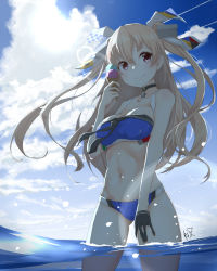 Rule 34 | 1girl, beach, bikini, black gloves, blue bikini, breasts, brown eyes, choker, cloud, cloudy sky, day, gloves, hair between eyes, hair ribbon, ice cream cone, johnston (kancolle), kantai collection, light brown hair, long hair, looking at viewer, medium breasts, navel, neve (morris-minicooper), ocean, partially submerged, ribbon, signature, single glove, sky, solo, standing, sun, swimsuit, two side up, water