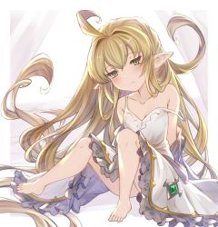 Rule 34 | 1girl, ahoge, barefoot, blonde hair, blush, closed mouth, dress, granblue fantasy, green eyes, harvin, legs, long hair, melissabelle, off-shoulder dress, off shoulder, pointy ears, sitting, solo, very long hair, white dress, wuming