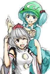 Rule 34 | 2girls, animal ears, blue eyes, blue hair, detached sleeves, dress, fang, grin, hair bobbles, hair ornament, hand on another&#039;s ear, hat, highres, inubashiri momiji, kawashiro nitori, multiple girls, one eye closed, open mouth, red eyes, sarashi, shinomiya naka, short hair, silver hair, sketch, smile, tokin hat, touching ears, touhou, twintails, two side up, white background, wolf ears